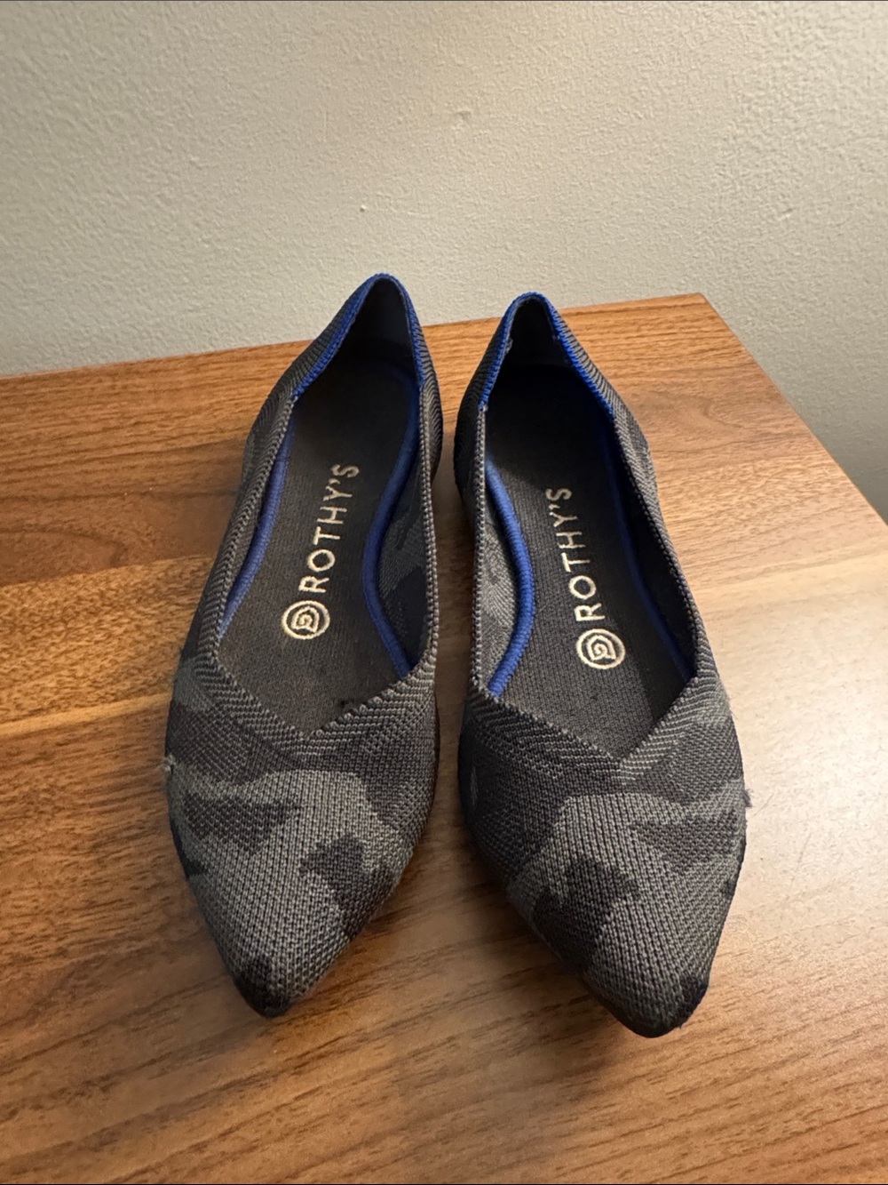Rothy's Pointed Knit Flats in Black and Gray with Blue Trim